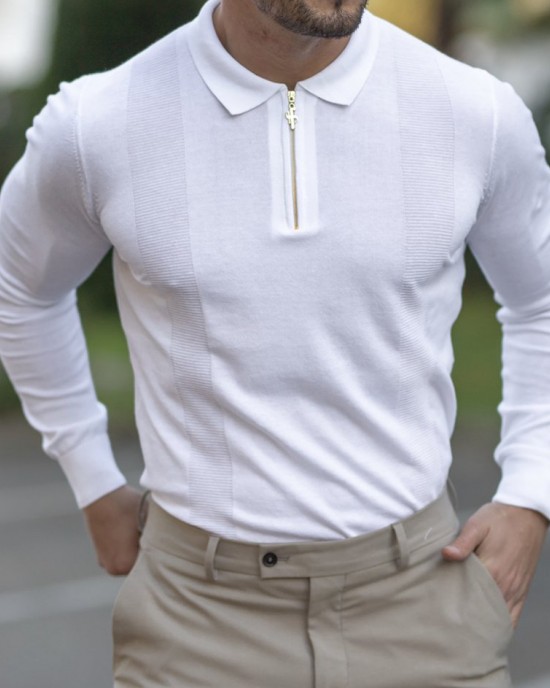 Classic White And Gold Zip Knit Long Sleeve Polo Shirt