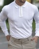 Classic White And Gold Zip Knit Long Sleeve Polo Shirt