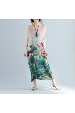 boutique pink floral cotton dresses casual sleeveless cotton maxi dress vintage side open cotton clothing