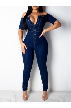 Collar Short Sleeve Buttons Bodycon Denim Jumpsuit Overalls HF2616-02-02