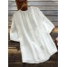 Embroidered Button Round Neck Short Sleeve Casual Cotton Blouse
