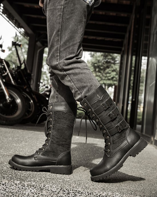 Men Classic Black Biker Boots Metal Buckle Motorcycle Boots