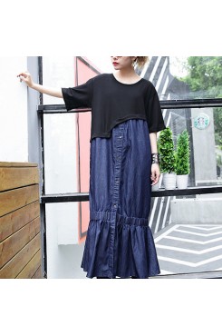 blue cotton dresses oversized patchwork cotton clothing dresses 2018 Fishtail maxi dresses