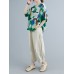 Plant Print Drawstring V Neck Casual Blouse