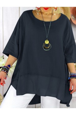 Cotton Solid Patchwork High  Low Hem Split Casual Blouse