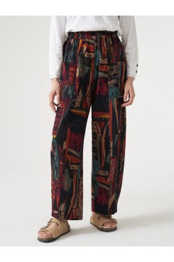 Vintage Print Dual Pocket Elastic Waist Pants For Women