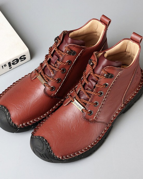 Men Pure Color Toe Protected Hand Stitching Leather Ankle Boots