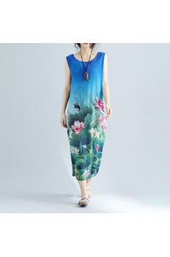 fine blue floral long cotton dress plussize sleeveless long cotton dresses boutique side open cotton clothing dresses