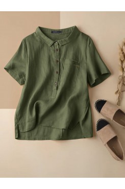 Cotton Solid Button Pocket Embroidered Lapel Casual Blouse