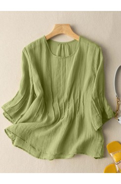 Solid Crew Neck Casual Women 3 4 Sleeve Blouse