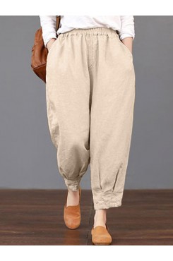 Solid Elastic Waist Pocket Pants For Women