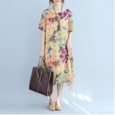 Elegant prints long cotton dresses oversize o neck cotton gown vintage short sleeve traveling clothing