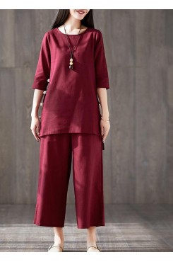 French red cotton clothes For Women Fitted linen wide leg pants two pieces Maxi o neck Chinese Button tops