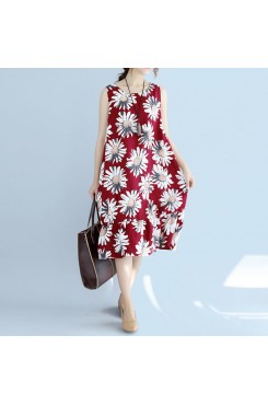women red linen dresses oversize traveling dress Fine sleeveless floral cotton dresses