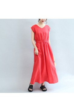 red elastic waist linen dresses loose short sleeve maxi dress