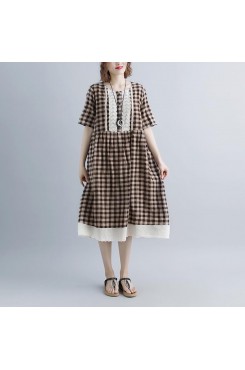 women summer dresses casual Lacing Short Sleeve Plaid Pockets Retro Casual Dress