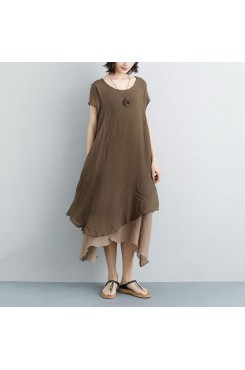 fine long cotton dresses plus size False Two-piece Short Sleeve Coffee Plain Dress