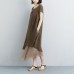 fine long cotton dresses plus size False Two-piece Short Sleeve Coffee Plain Dress