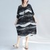 vintage black pure linen dress plussize holiday dresses Fine o neck asymmetric striped linen dresses