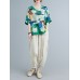 Plant Print Drawstring V Neck Casual Blouse