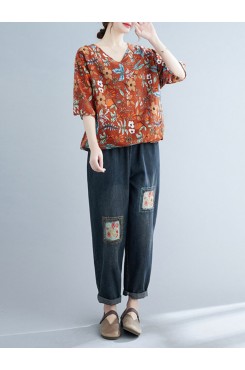 Plant Print Drawstring V Neck Casual Blouse