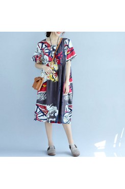 New prints Midi-length cotton dress casual cotton clothing Fine short sleeve o neck cotton dress