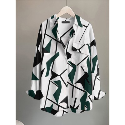 Geometric Pattern Pocket Button Long Sleeve Shirt