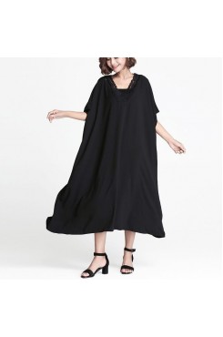 fine black linen shift dress casual linen maxi dress women V neck patchwork cotton dress